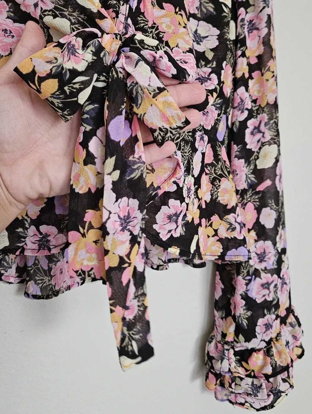 Free People Black Floral Tie-Front Blouse with Pink & Yellow Blooms